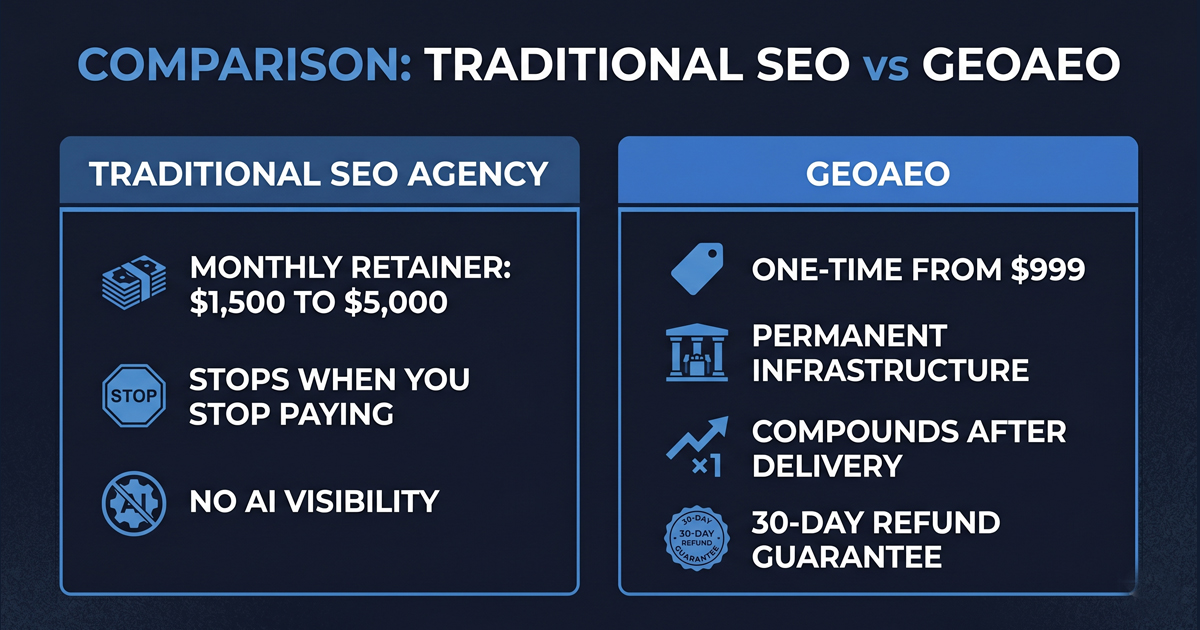 Comparison graphic showing GEOAEO one-time Foundation Build at $999 versus ongoing SEO agency monthly retainer costs that stop when payment stops