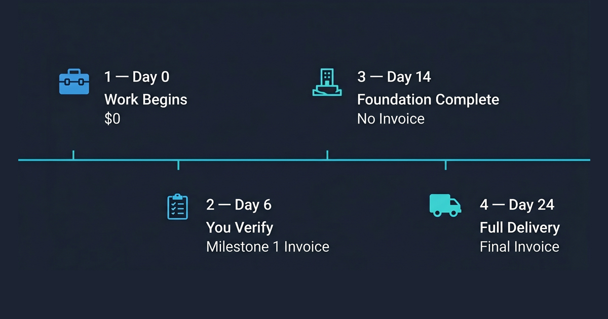 GEOAEO payment structure diagram showing two milestone stages: Day 0 start with no payment, Day 6 first invoice after verification, Day 14 foundation complete no payment, Day 24 final invoice