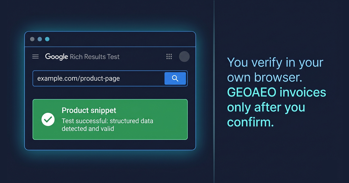 Google Rich Results Test interface showing valid schema markup results for a client website on Day 6 of a GEOAEO engagement with green valid schema panel