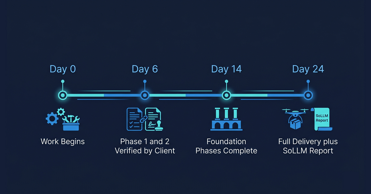 GEOAEO results timeline showing Day 6 Phase 1 and 2 client verification, Day 14 foundation phases complete, Day 24 SoLLM Baseline Report delivery with before and after citation scores